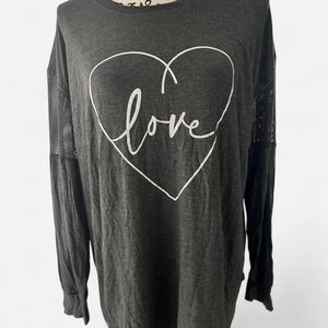 Avenue Women’s Charcoal Tunic Top Long Sleeve Love Heart with mesh sleeves